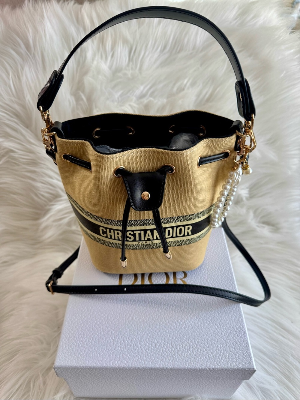 Dior Beige and Black Mini Bucket Bag with Pearl Charm